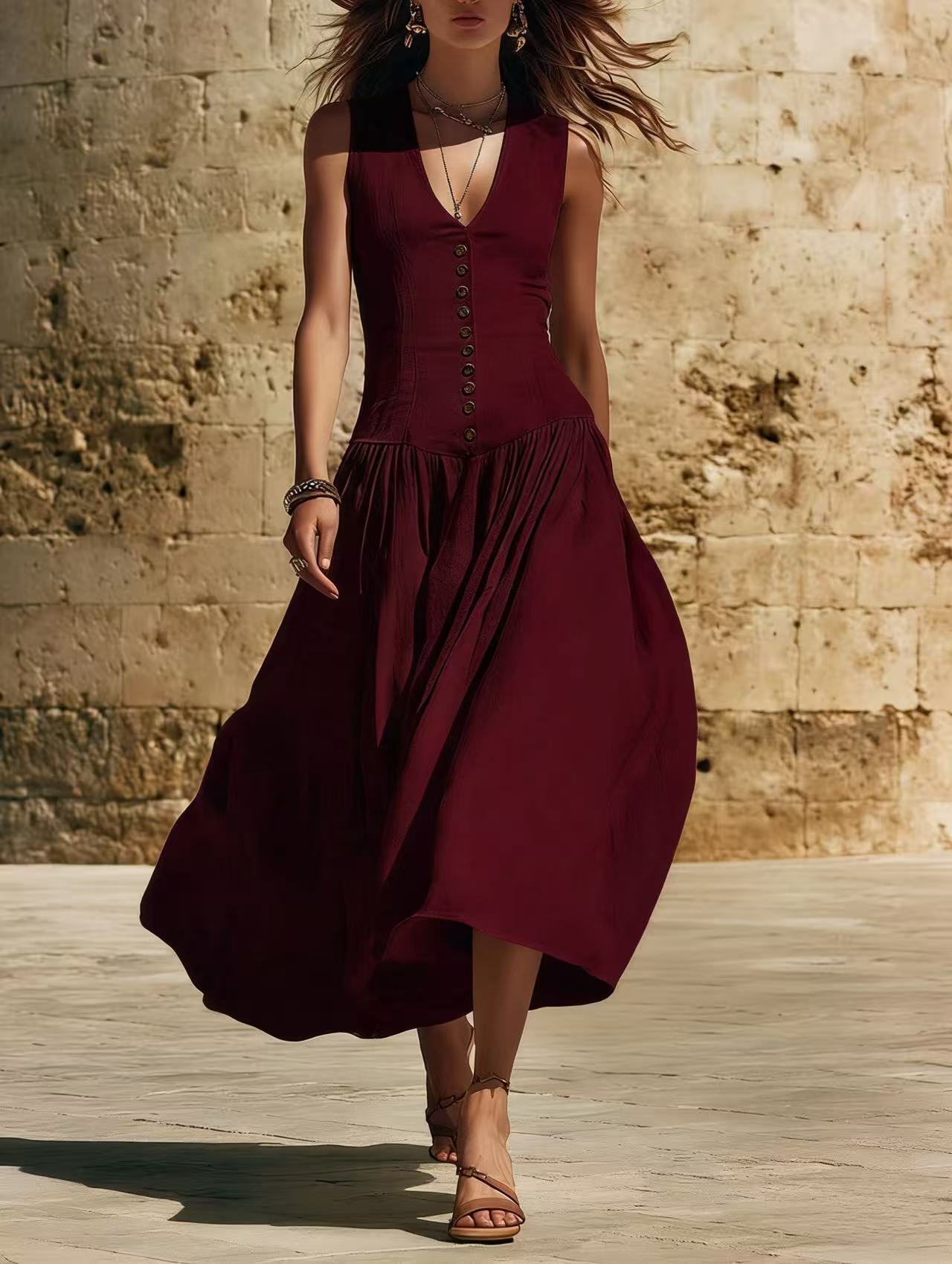 Womens Sleeveless Midi Dress - V-Neck Button-Front Flowy A-Line Skirt